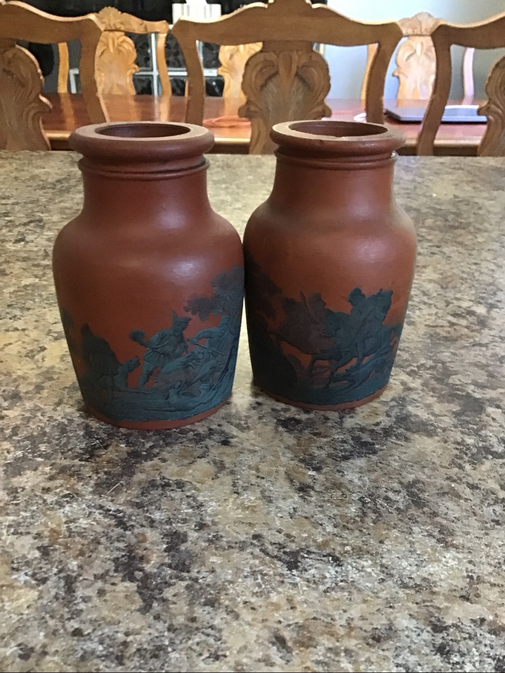 2 Vintage Prattware Transfer Terracotta Jars